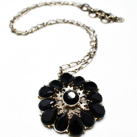 Lucky Brand Black Rhinestone Flower Pendant Necklace, 18 Inches, Distressed - Picture 2 of 8